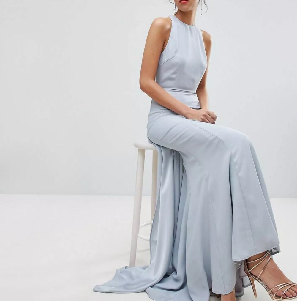 Jarlo Soft Gray Long High Neck Open Back Maxi Dress Bridal Gown Size 14